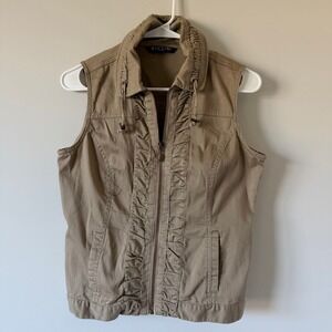 Baccini Tan Khaki Ruffle Utility Vest Full Zip Cotton Stretch Women's Petite Med